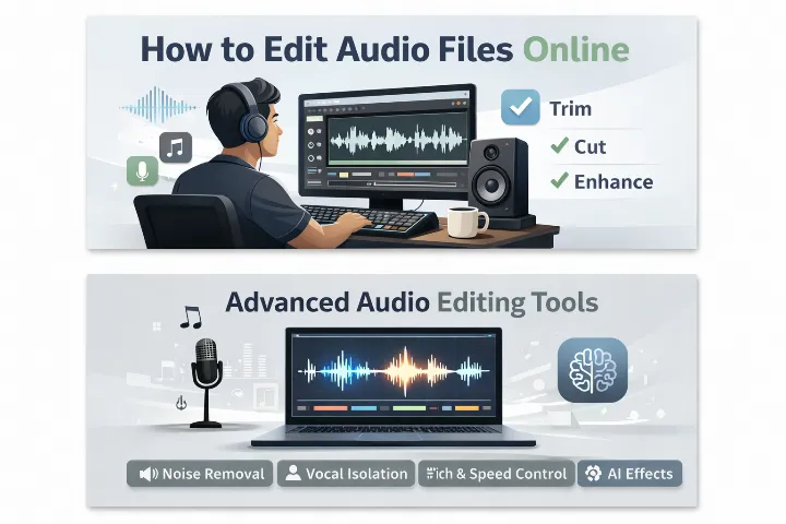 Online audio editing interface showing trim, cut and merge options on a sound waveform